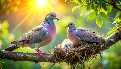 Obraz premium Two doves in a nest with a chick on a tree branch during sunrise, warm sunlight, soft green leaves, nature, family, new life