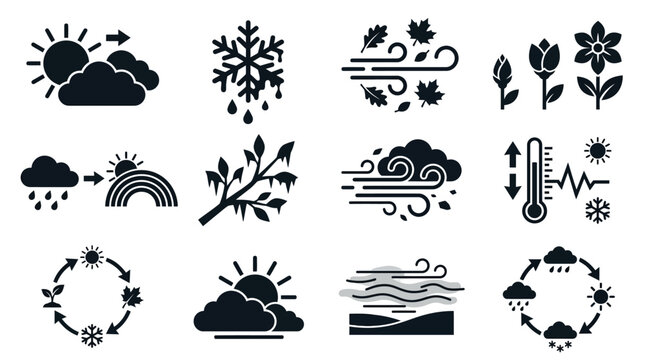icon set of seasonal weather transitions, including sun to cloud shift, snowflake melting, falling leaves wind, blooming flower, rain to rainbow, frost forming, wind gust symbol