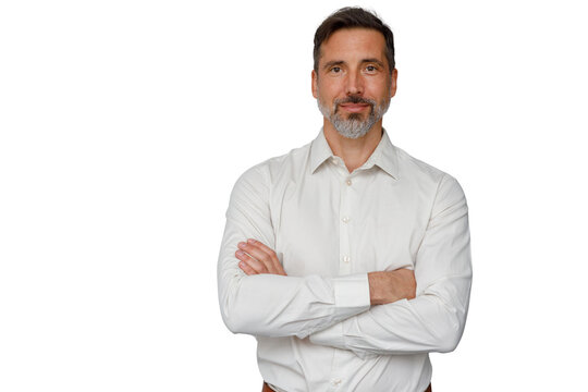 Confident middle-aged man smiling with crossed arms on transparent background, posing for corporate business portrait