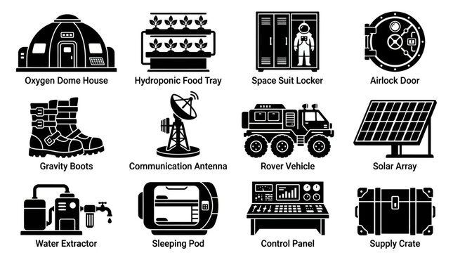 Flat silhouette vector icon set of space colony lifestyle elements, including oxygen dome house, hydroponic food tray, space suit locker, airlock door, gravity boots, communication antenna, rover vehi