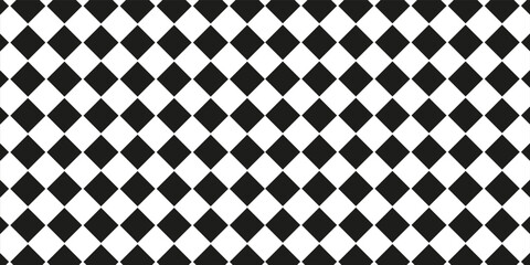Seamless black and white checkered pattern with diagonal diamond shapes. Classic geometric vector background for design.