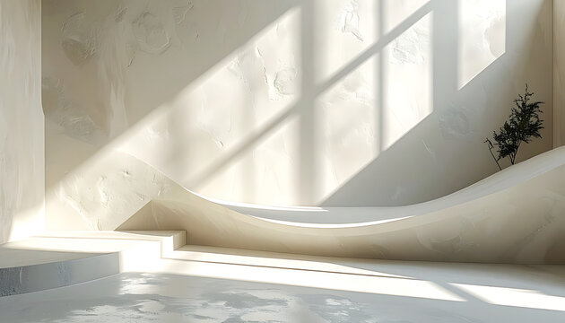 sunlit architectural interior with curved modernist steps and shadows cast from window panes, elegant and serene mood