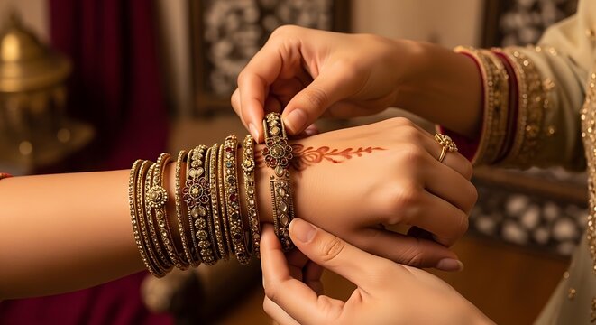 Close up of a woman putting traditional gold bangles on her wrist for a festive indian wedding celebration