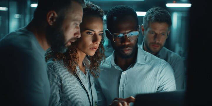 Diverse technology team collaborating intensely, analyzing data on a laptop in a modern server room