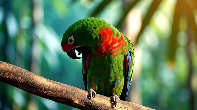 A vibrant green parrot with red and blue feathers perches on a branch