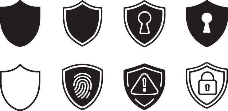 Modern security shield icons collection in simple monoline vector design