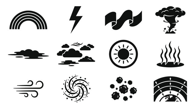  icon set of atmospheric weather phenomena, including rainbow arc, lightning bolt, aurora wave, tornado funnel, fog layer, cloud formation types, sun halo, heat waves, wind