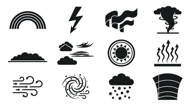  icon set of atmospheric weather phenomena, including rainbow arc, lightning bolt, aurora wave, tornado funnel, fog layer, cloud formation types, sun halo, heat waves, wind