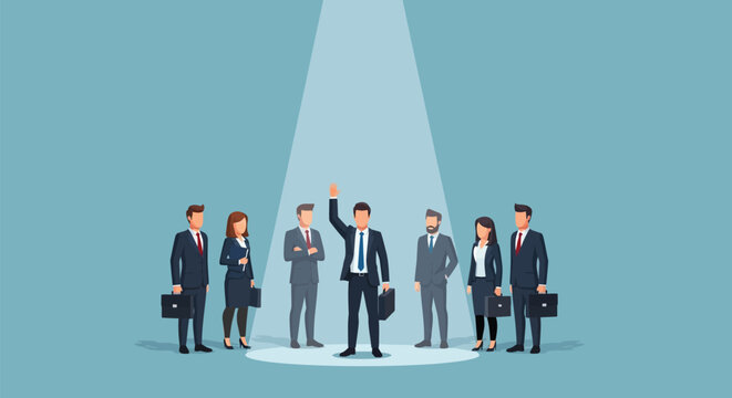 Leader standing in spotlight surrounded by colleagues showing recognition and appreciation for outstanding performance and talent in team.