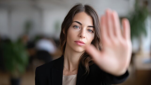 Young professional woman holding up hand in stop gesture, asserting boundaries in business context