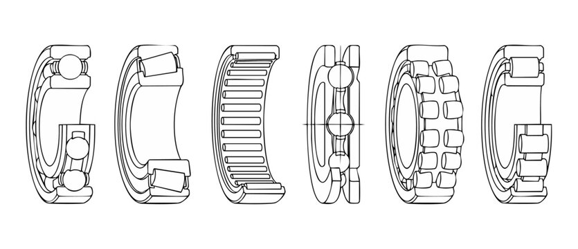 Ball and Roller Bearings Technical Outline Icons Set for Mechanical Engineering and Industrial Design, Showing Various Bearing Types and Cross Sections for Technical Blueprints and Manufacturing Diagr
