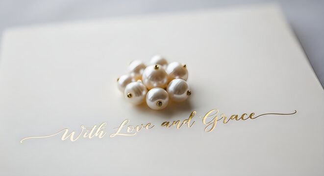 Elegant invitation card with pearls and gold calligraphy
