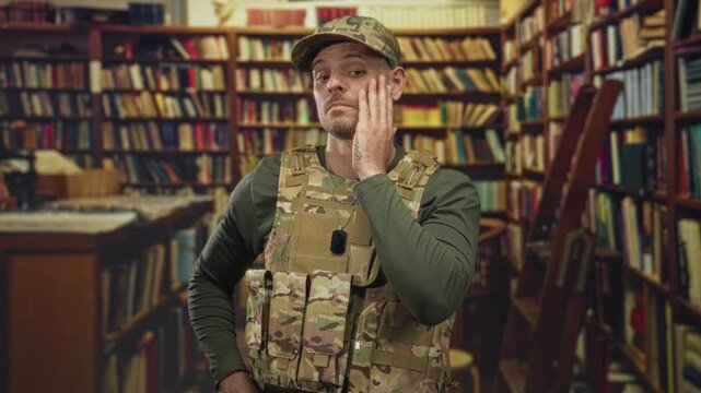 Man in camouflage army uniform touches jaw while holding dogtags amid bookshelves inside building; quiet pride.
