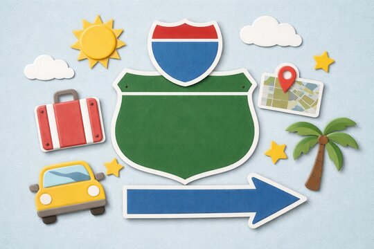 Colorful travel-themed cutout icons including a highway sign, sun, clouds, car, suitcase, palm tree, map with a location pin, stars, and a direction arrow.