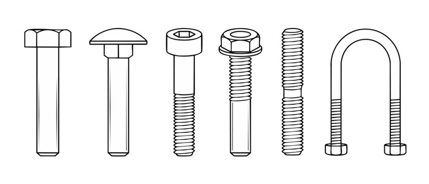 Metal Bolts and Screws Set, Industrial Fasteners Outline Collection, Technical Line Drawing of Hex Bolt, Carriage Bolt, Socket Cap, Stud and U-Bolt, Engineering Hardware Equipment Isolated on White.