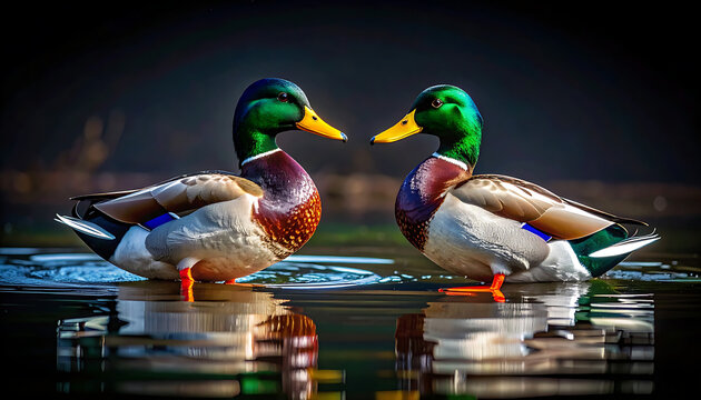 Two mallard ducks with vibrant green heads facing each other on calm water, reflections visible, soft bokeh background