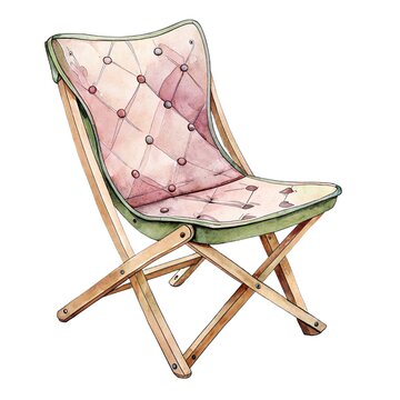 Hand-painted watercolor illustration of a folding camping chair with wooden frame and quilted seat isolated on white background.