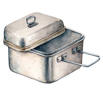 Hand-painted watercolor illustration of a vintage metal camping mess kit with lid and handle isolated on white background.