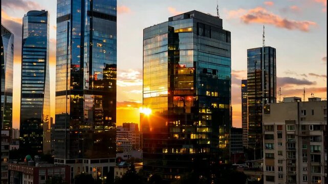 Modern city skyline at sunset with glass skyscrapers