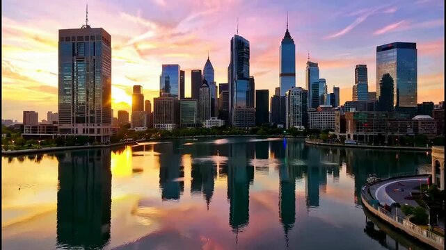 Chicago skyline at sunset reflecting on the river