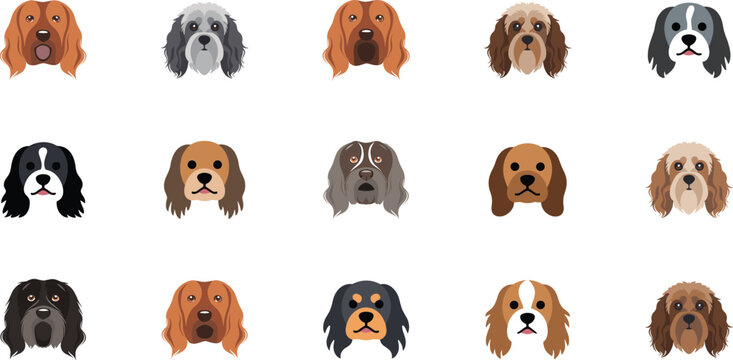 Dog breed face icon set, spaniel and retriever cartoon portraits, cute domestic pet head collection vector illustration