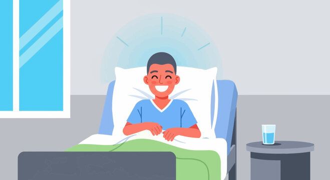 Happy young patient recovering in hospital bed, smiling with good health and recovery.