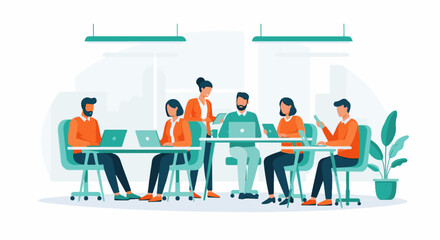 Naklejka premium A diverse team collaborates on laptops at a modern office desk