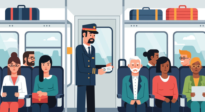 Train conductor checking tickets for diverse passengers inside a passenger train carriage.