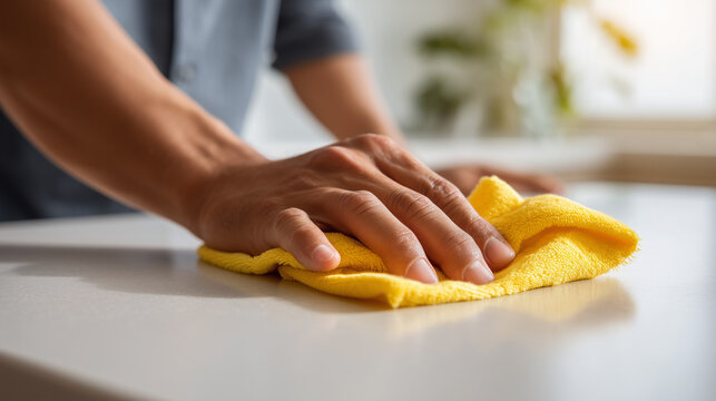 Close-up of hand wiping table with yellow cloth, removing dust and dirt, household cleaning concept.