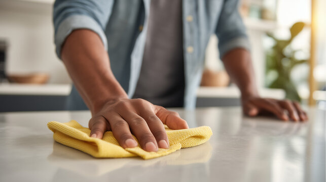 Man cleaning tabletop with cloth, removing dust and stains, home hygiene and maintenance concept.
