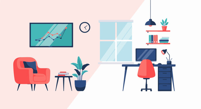 A split-screen illustration of a cozy home office space and a relaxation area