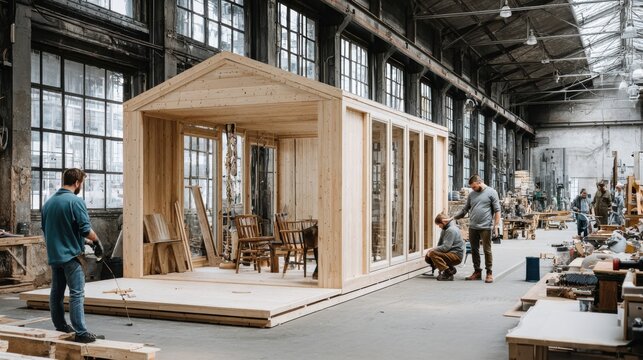 Carpenters build a wooden modular home structure inside a large industrial workshop