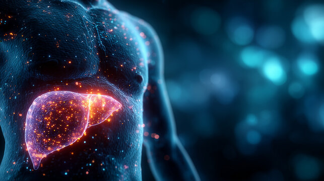 Glowing human liver inside body, medical anatomy illustration of organ health and disease concept