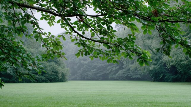 Lush green field framed by tree branches under a misty atmosphere, showcasing a serene natural landscape with dense foliage and soft grass in the foreground