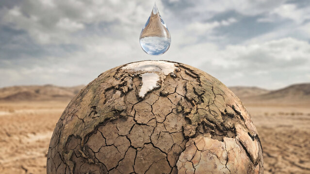 Global water scarcity and drought crisis concept showing single water droplet above cracked dry earth for environmental awareness of planetary freshwater depletion and conservation urgency