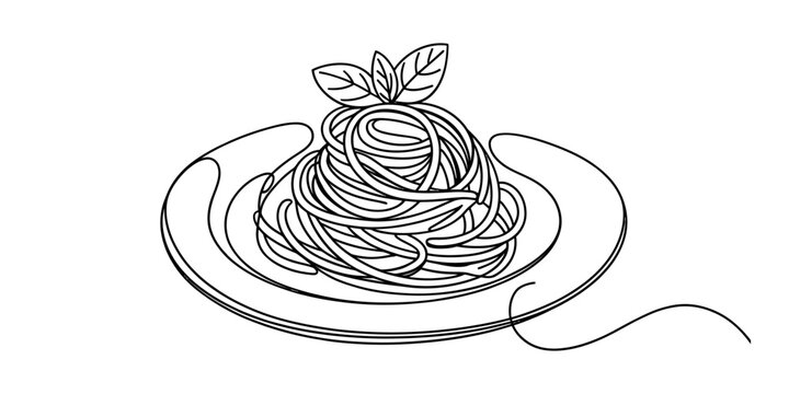 Continuous single line drawing of a plate of spaghetti pasta with basil leaves on top Vector, illustration