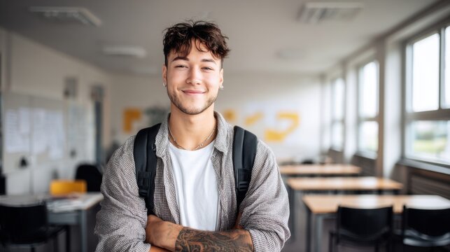 Smiling Young Male Student With Backpack Posing Confidently in a Bright Classroom Setting