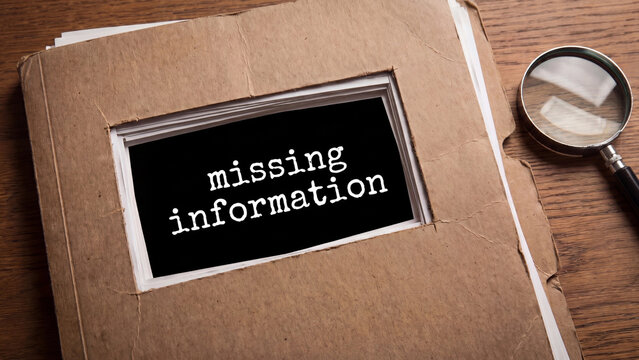 Missing information concept with hollow label on worn document folder beside magnifying glass representing incomplete records data gaps knowledge deficiency investigation and information retrieval cha
