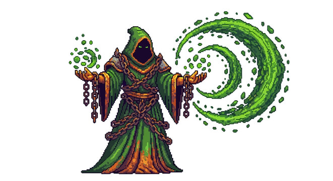 Mysterious hooded figure casting green magic spells.