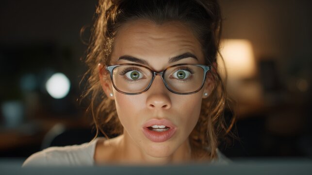 Young woman wearing glasses with surprised expression looking at computer screen in dimly lit room
