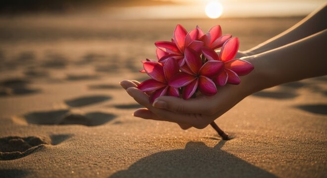Soft hands cradling vibrant pink flowers on a sandy beach at sunset, warm sunlight