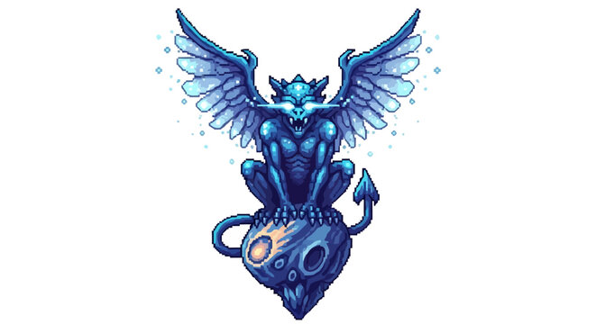 Mystical Blue Gargoyle Creature Sitting on a Skull Orb.