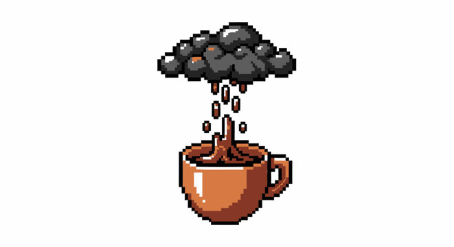 Pixel art coffee beans raining into a cup.