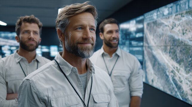Diverse team of professionals monitoring security cameras on large digital display screens in a control room