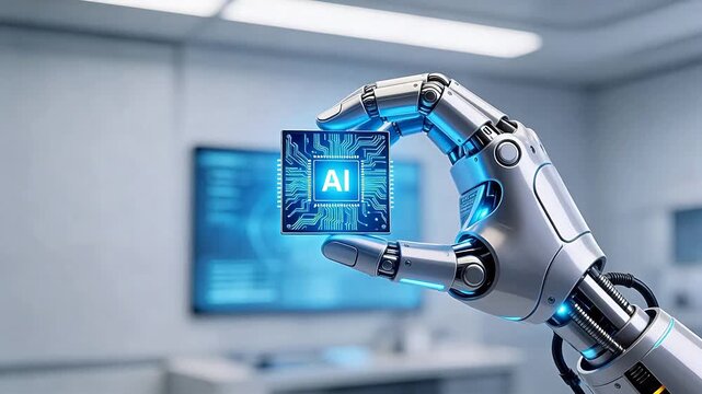 Robot hand holding AI chip