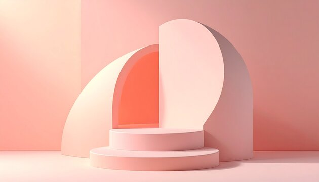 パステルピンクとコーラルの柔らかなアーチと円筒形の台座が作るミニマルな3Dプロダクト展示背景