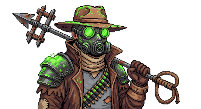 Post apocalyptic survivor wearing gas mask and hat.