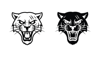 Aggressive panther head mascot logo design in black and white styles featuring snarling wild cat with bared teeth and sharp claws for sports team branding or gaming avatar © Nova