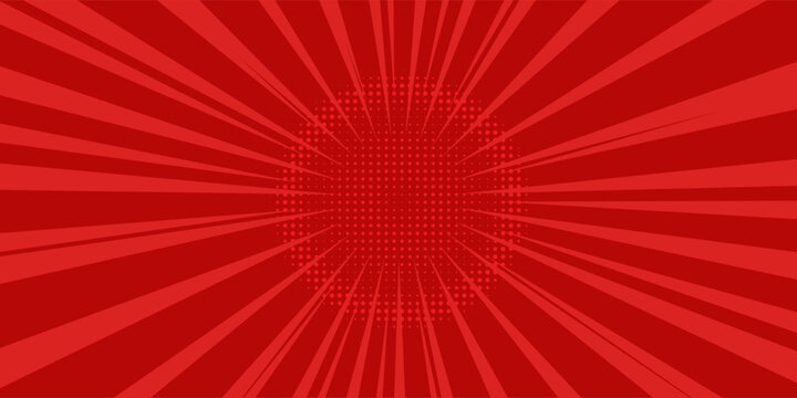 Red comic book background with radial sunburst rays and halftone dot center pattern. Pop art vector illustration for explosion, superhero, or retro banner design.