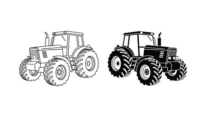 Modern farm tractor agricultural vehicle icon in black and white vector style for industrial branding and farming industry graphic design projects © Nova